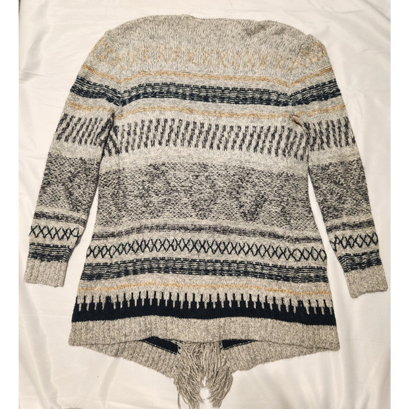 CABI Shetland Gray Green Geometric Fringe Hem Open Knit Cardigan Size Small - Picture 2 of 9